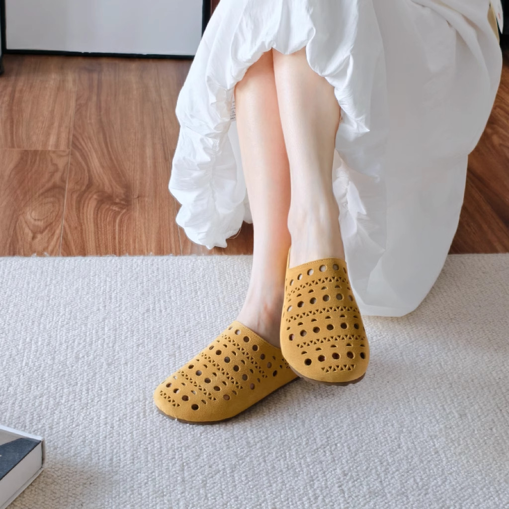 磨砂真皮勃肯鞋女2025春夏外穿丑萌厚底半拖鞋镂空包头拖外穿凉鞋