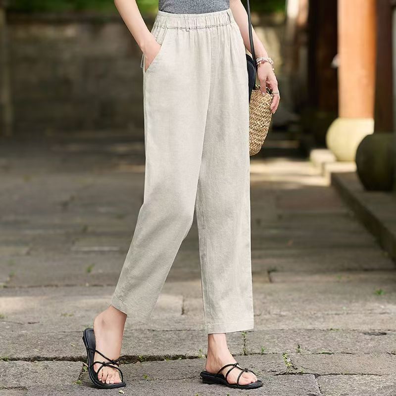 纯亚麻薄款透气休闲九分裤子女夏新款小个子中年显瘦休闲哈伦裤