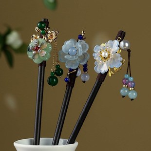 古风流苏步摇发簪仿玉质山茶花黑檀木发钗汉服旗袍盘发配饰簪子女