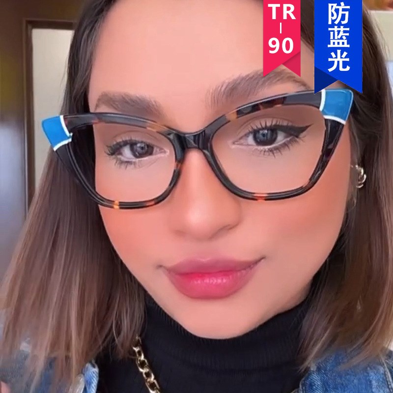 猫眼平光镜拼色2023新款TR90防蓝光复古眼镜框个性眼镜架ins