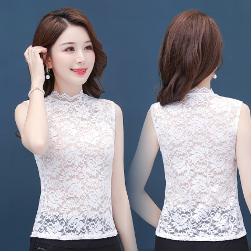 新款优质面料半高领蕾丝衫无袖气质通勤套头洋气打底蕾丝背心