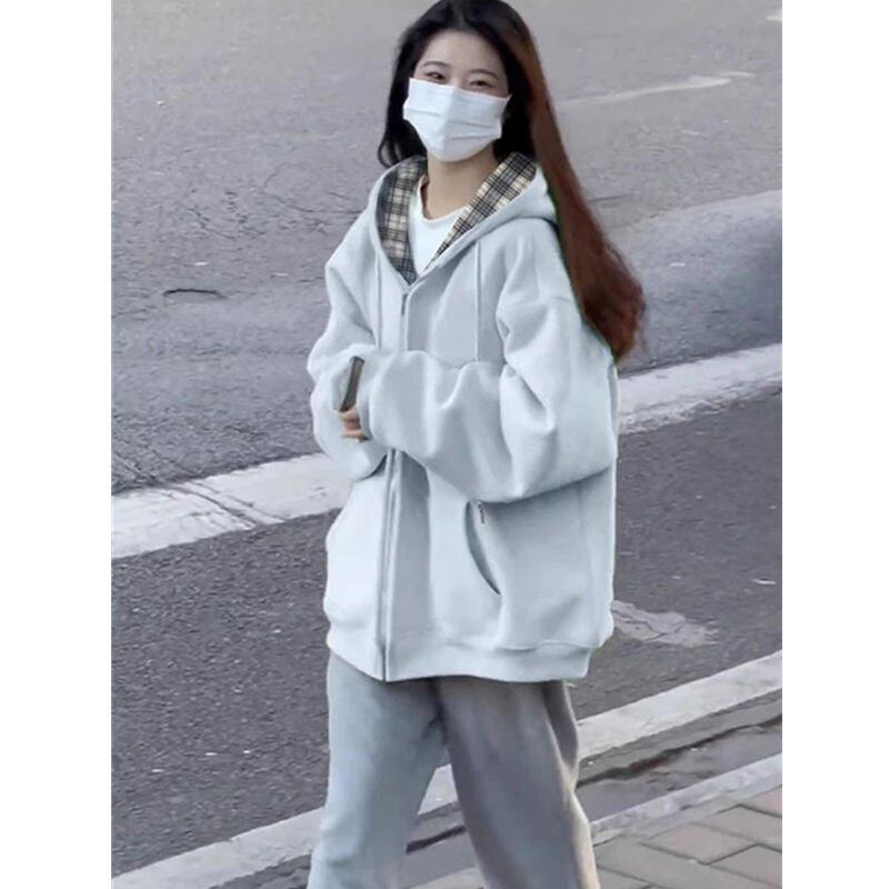 官方英国DHWA格子连帽卫衣女春秋设计感小众oversize薄款外套宽松