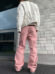 07QWER 秋季小众个性粉色纯棉牛仔裤男女宽松韩版阔腿潮学生长裤
