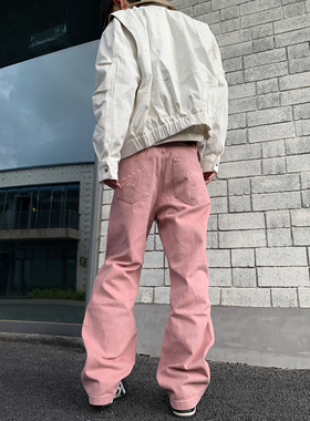 07QWER 秋季小众个性粉色纯棉牛仔裤男女宽松韩版阔腿潮学生长裤