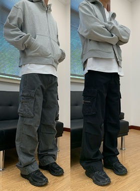 07QWER 2025春季重磅水洗纯棉美式街头工装裤宽松直筒阔腿休闲裤