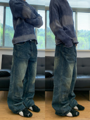 07QWER 夏季水洗猫须复古潮拖地牛仔裤男女薄款深蓝青春流行宽松