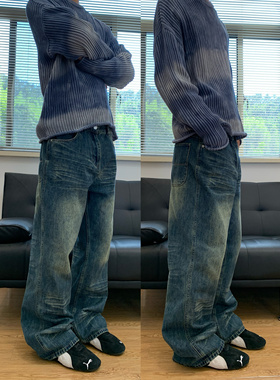 07QWER 夏季水洗猫须复古潮拖地牛仔裤男女薄款深蓝青春流行宽松