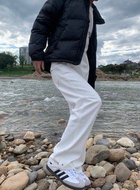 07QWER 四季通勤白色简约男春秋牛仔裤韩版情侣直筒休闲阔腿裤女