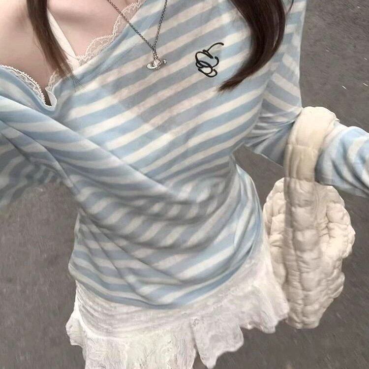 蓝色条纹斜肩天丝防晒长袖t恤女夏季薄纱小个子罩衫冰丝露肩上衣