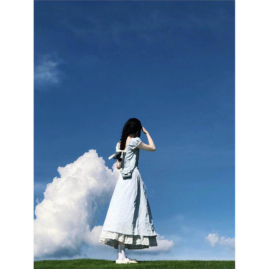 温柔甜美风减龄蓝色花边长裙洋装女夏季假两件镂空A字裙大摆裙