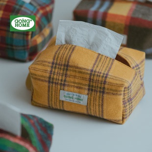 HOME艺术客厅抽纸盒家用英伦黄格子办公桌面布艺抽纸盒 GOING