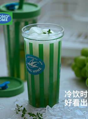 夏日冰饮杯高硼硅玻璃杯女高颜值复古条纹果汁杯带盖耐冷耐热水杯