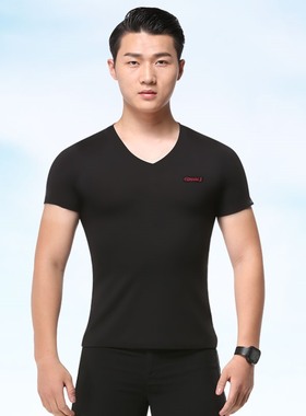 丹宝罗男成人拉丁舞上衣V领短袖舞蹈服黑色摩登舞广场冰丝跳舞衣