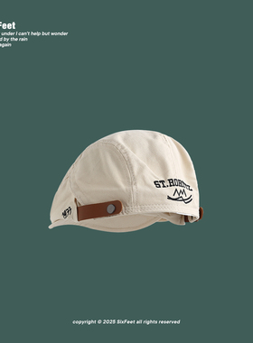 SixFeet米色反戴前进帽男复古短檐ins潮流时尚字母刺绣报童画家帽