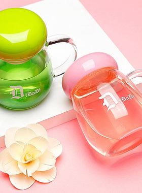 玻璃杯子女办公花茶杯家用水杯女生玻璃杯提绳380m咖啡珍珠双饮杯