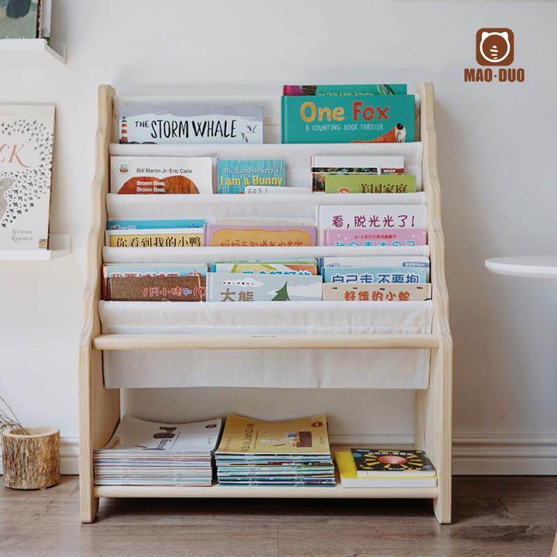 儿童实木帆布书架幼儿绘本架宝宝家用北欧简约学生落地收纳书柜
