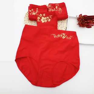 头舒适 女胖mm200斤本命年大红色纯棉高腰微收腹三角短裤 大码 内裤