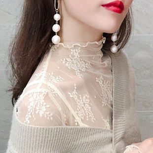 长袖 大码 秋冬季 胖mm女装 性感内搭200斤半高领网纱内衣 蕾丝打底衫