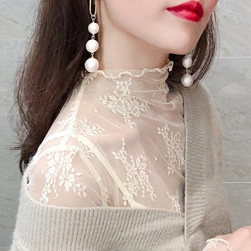 大码女性感内搭半高领网纱打底衫