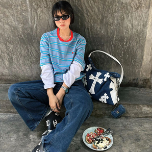 正确版本天花板 笑脸2024新款AC条纹假两件长袖T恤 女款