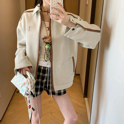 正确版本天花板24SS 奚梦瑶同款mumu帆布拼皮拉链夹克外套 女款