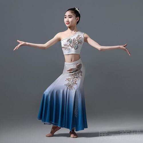 高档傣族舞蹈服装女童臀艺考修身包鱼尾裙族民儿童孔雀舞演蹈出服