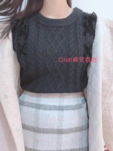 日单 新款 金线 丝绒绑带菱形麻花纹圆领宽松甜美套头毛衣