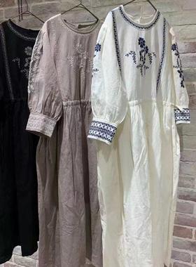 新款日系森女 s家高端 文艺少女 宽松刺绣蕾丝拼接棉麻连衣裙