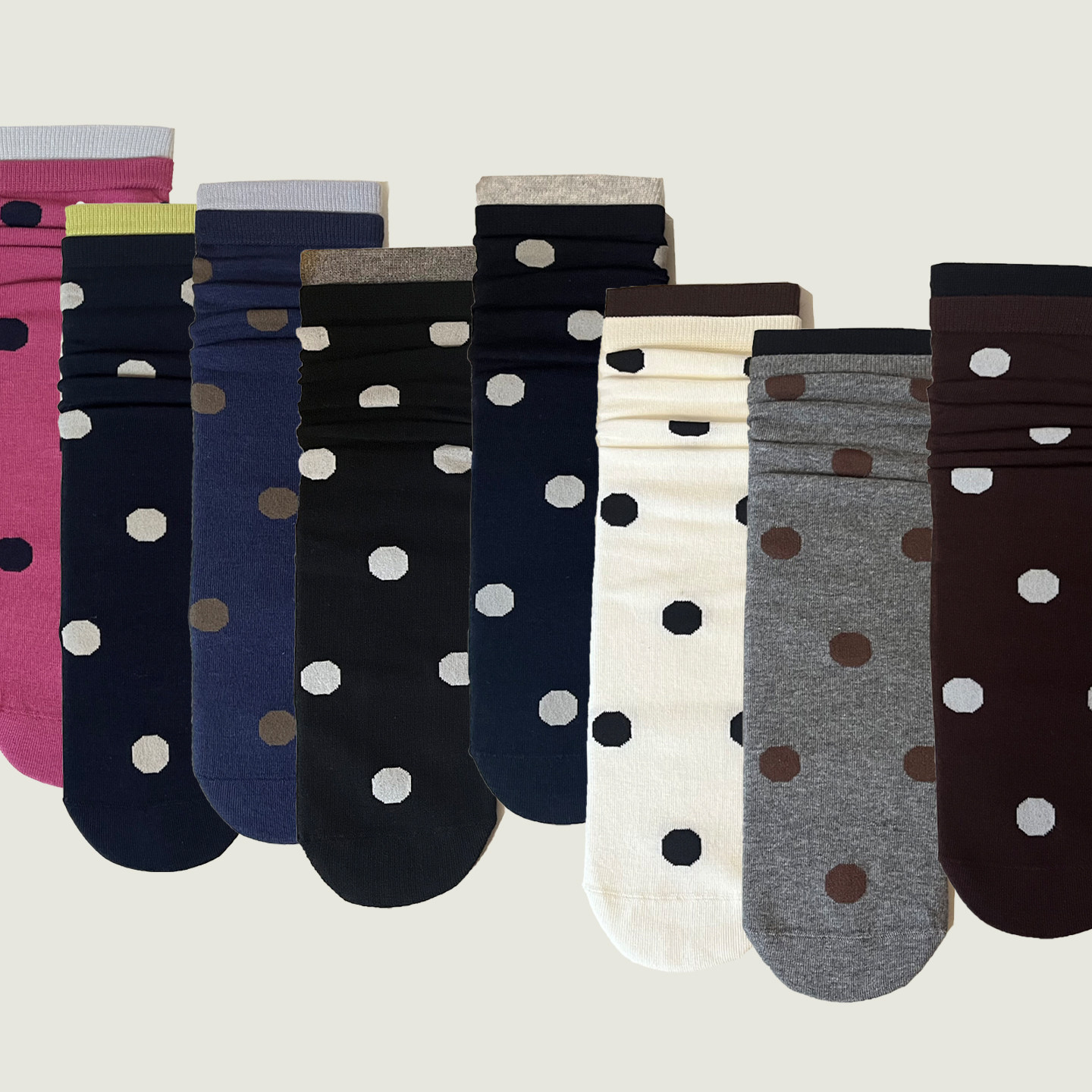 文艺复古咖啡色系拼色波点梅子色圆点学院韩系配色四季中筒女棉袜