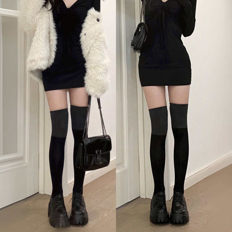 拼色过膝袜子女秋冬款jk小腿袜