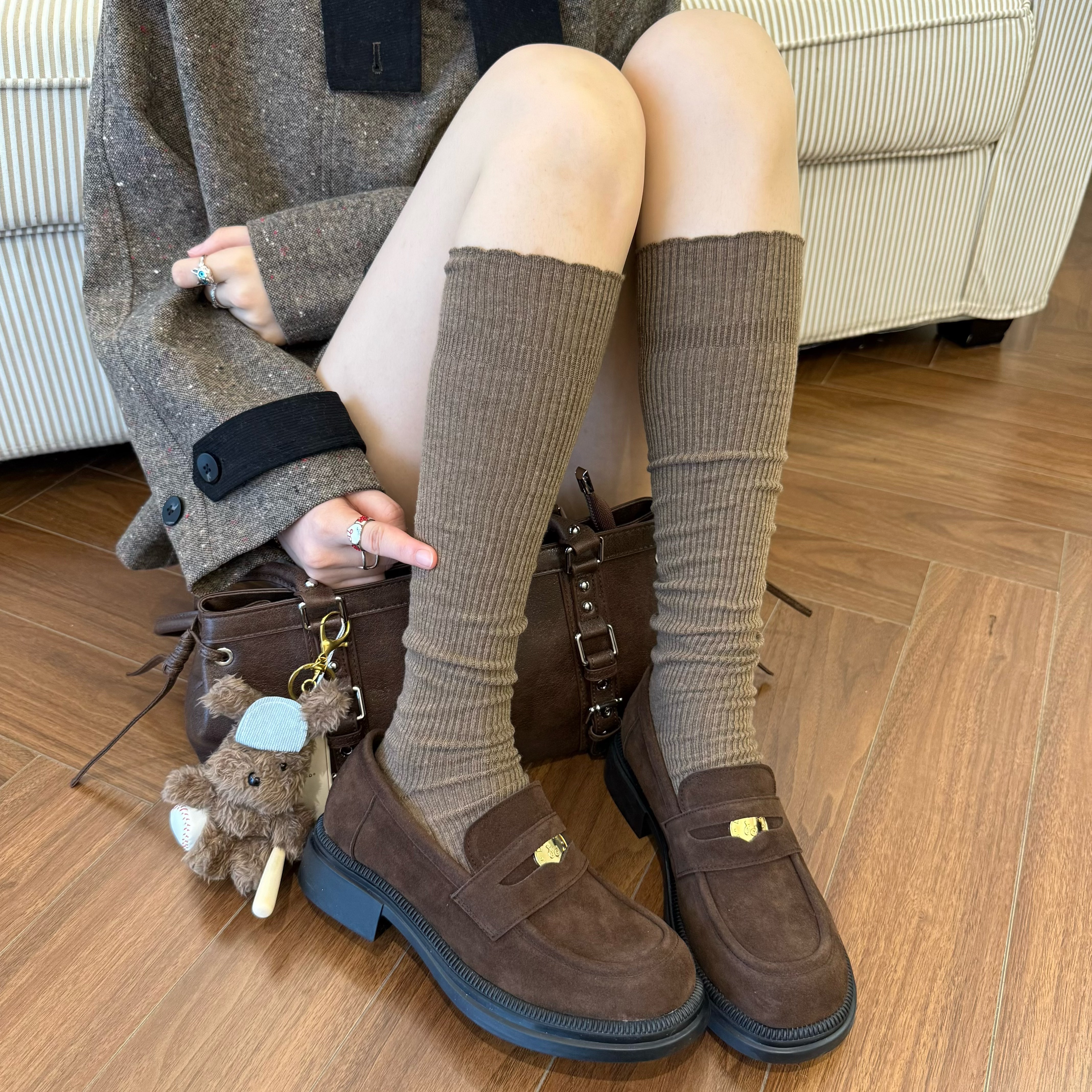 咖色袜子女小腿袜秋冬细条花边