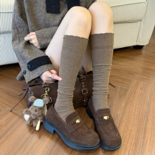 咖色袜子女小腿袜秋冬细条花边棉袜中筒美拉德堆堆袜长筒配小皮鞋