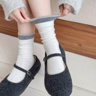 miu白色条纹罗口袜子女春秋中筒棉袜芭蕾风竖纹灰色冬天堆堆长袜
