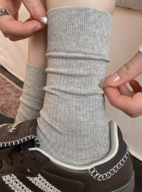 灰色竖纹袜子女中筒袜春夏季纯棉日系白色堆堆袜配德训鞋长袜夏天