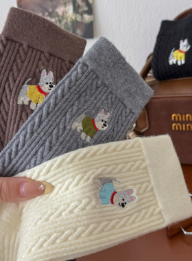 卡通小狗袜子女灰色兔绒中筒袜秋冬加厚25年新款可爱ins潮长袜