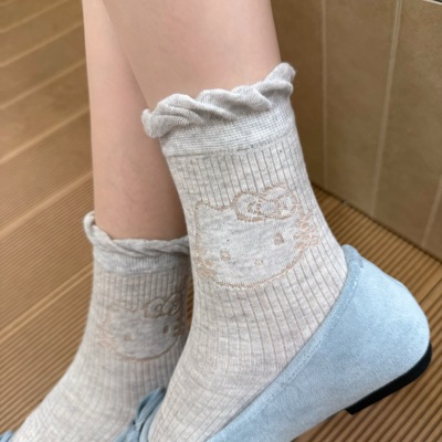 灰色花边袜子女中筒夏季薄款纯棉