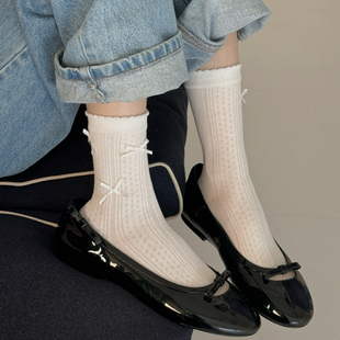 白色袜子女蝴蝶结堆堆袜春夏季 中筒棉袜芭蕾风灰色蝴蝶结长袜 薄款