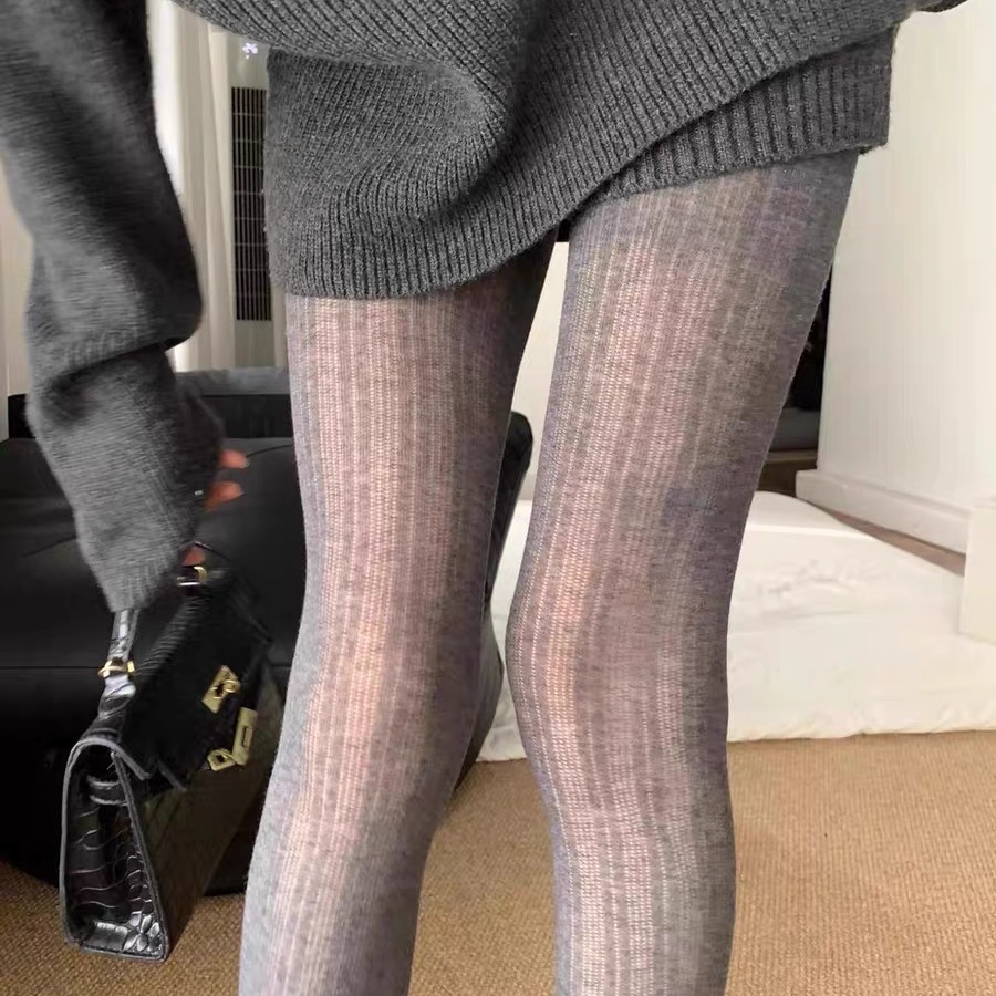 灰色打底裤袜子女秋冬季纯棉保暖miu系微压竖条显瘦外穿打底袜