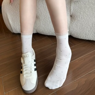 薄純棉花邊波點少女芭蕾風長堆堆襪 miu白色圓點襪子女中筒襪夏季