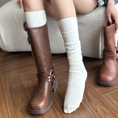 白色长筒堆堆袜配靴子过膝袜袜