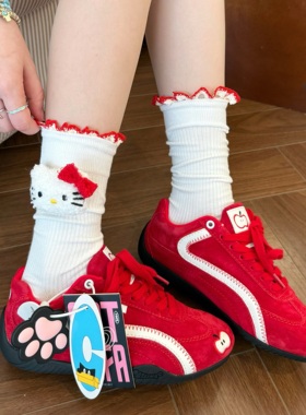 白色hellokitty猫咪袜子女春秋季纯棉中筒袜日系可爱花边堆堆袜