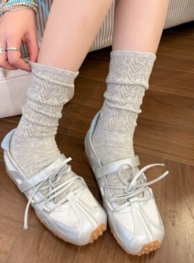 miu灰色堆堆袜子女春秋纯棉芭蕾风白色木耳边小腿袜配勃肯鞋中筒