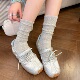 miu灰色堆堆袜子女春秋纯棉芭蕾风白色木耳边小腿袜配勃肯鞋 中筒