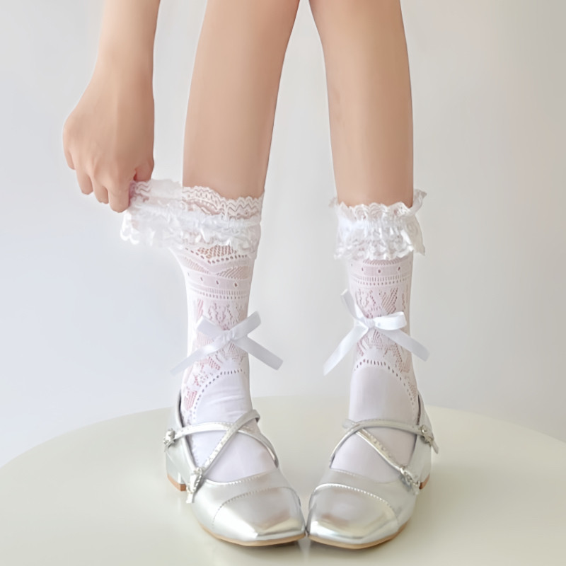 白色蕾丝花边中筒袜子女夏季薄款Lolita蝴蝶结堆堆袜女配玛丽珍鞋