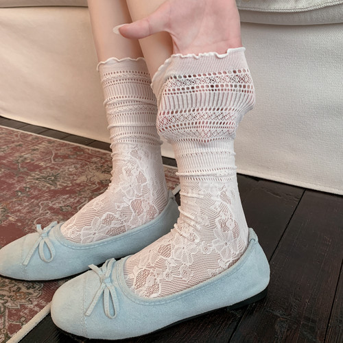 miu白色镂空蕾丝袜子女花边中筒