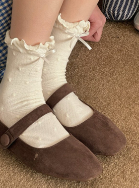 miu白色圆点袜子女木耳花边蝴蝶结春夏纯棉中筒袜韩系少女堆堆袜