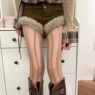 咖色蕾丝镂空网袜丝袜女秋冬薄款网格性感菱形连袜裤袜子配长靴