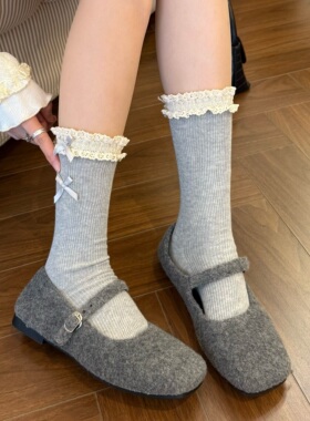 灰色蕾丝花边袜子女中筒Lolita蝴蝶结小腿袜春秋搭配小皮鞋堆堆袜