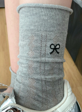 miu灰色卷边蝴蝶结袜子女中筒袜夏薄款堆堆袜纯棉透气长袜芭蕾风