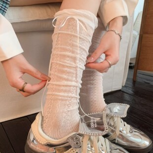 白色花边蝴蝶结小腿袜夏季 蕾丝堆堆袜miu系芭蕾风灰色长筒袜 薄款